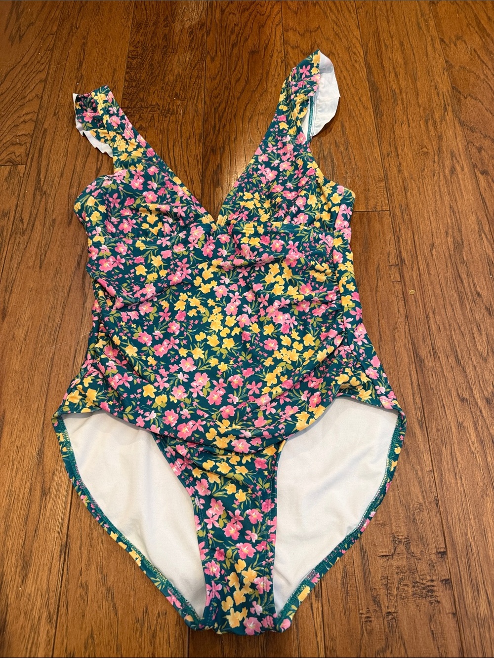 Kona Sol Floral One-Piece Swimsuit in Teal/Pink & Yellow Flowers, Med